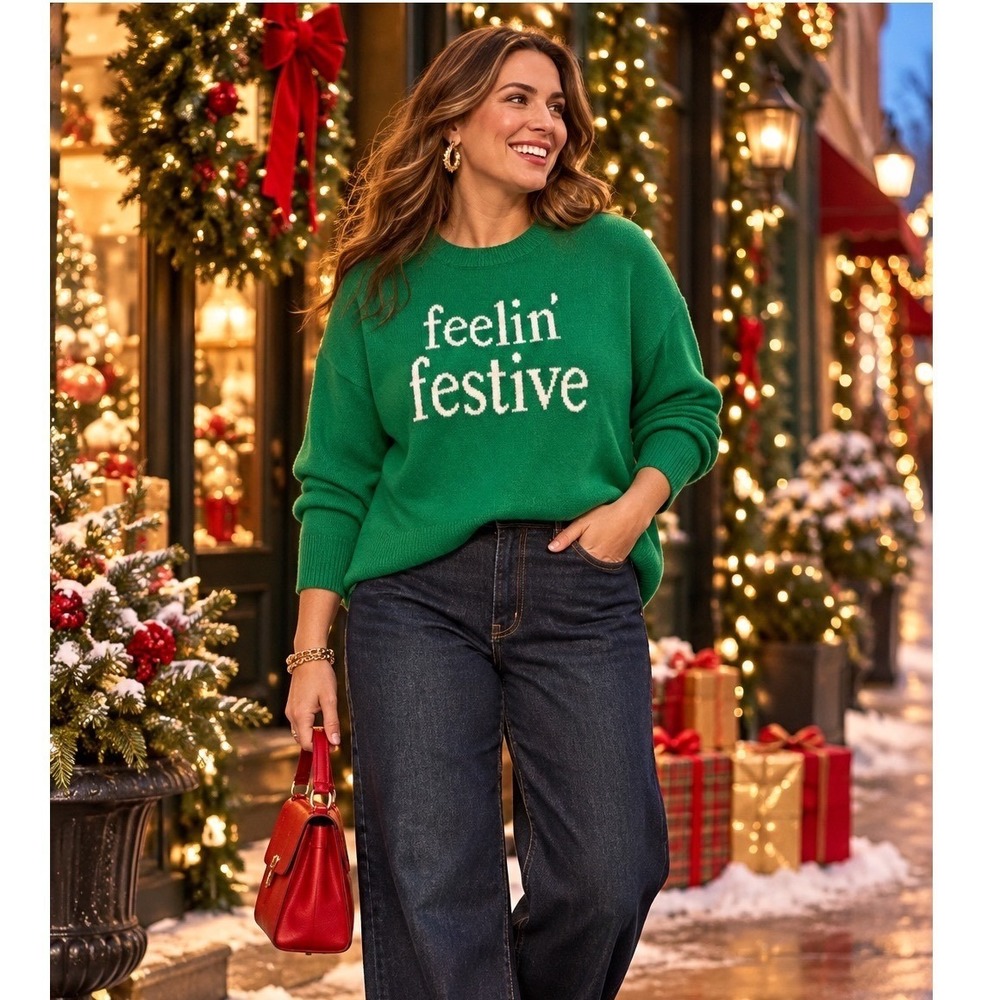 Feelin Festive Holiday Graphic Sweater Green Christmas Party Preppy Winter Sz XL